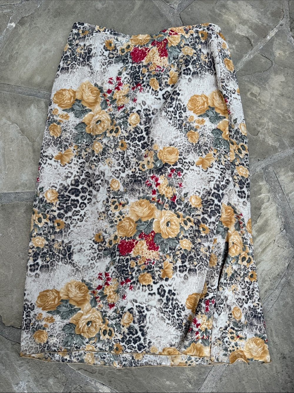 Vintage Floral & Leopard Print Midi Skirt in Gold and Red